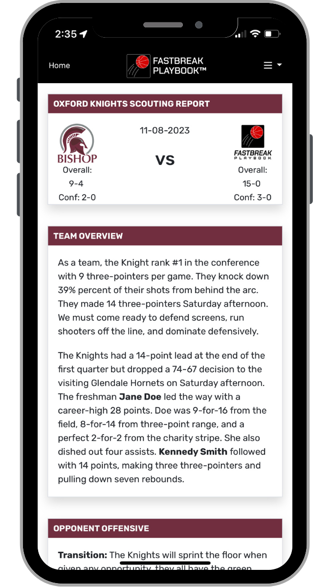 Basketball scouting reports shown on mobile inside FastBreak PlayBook