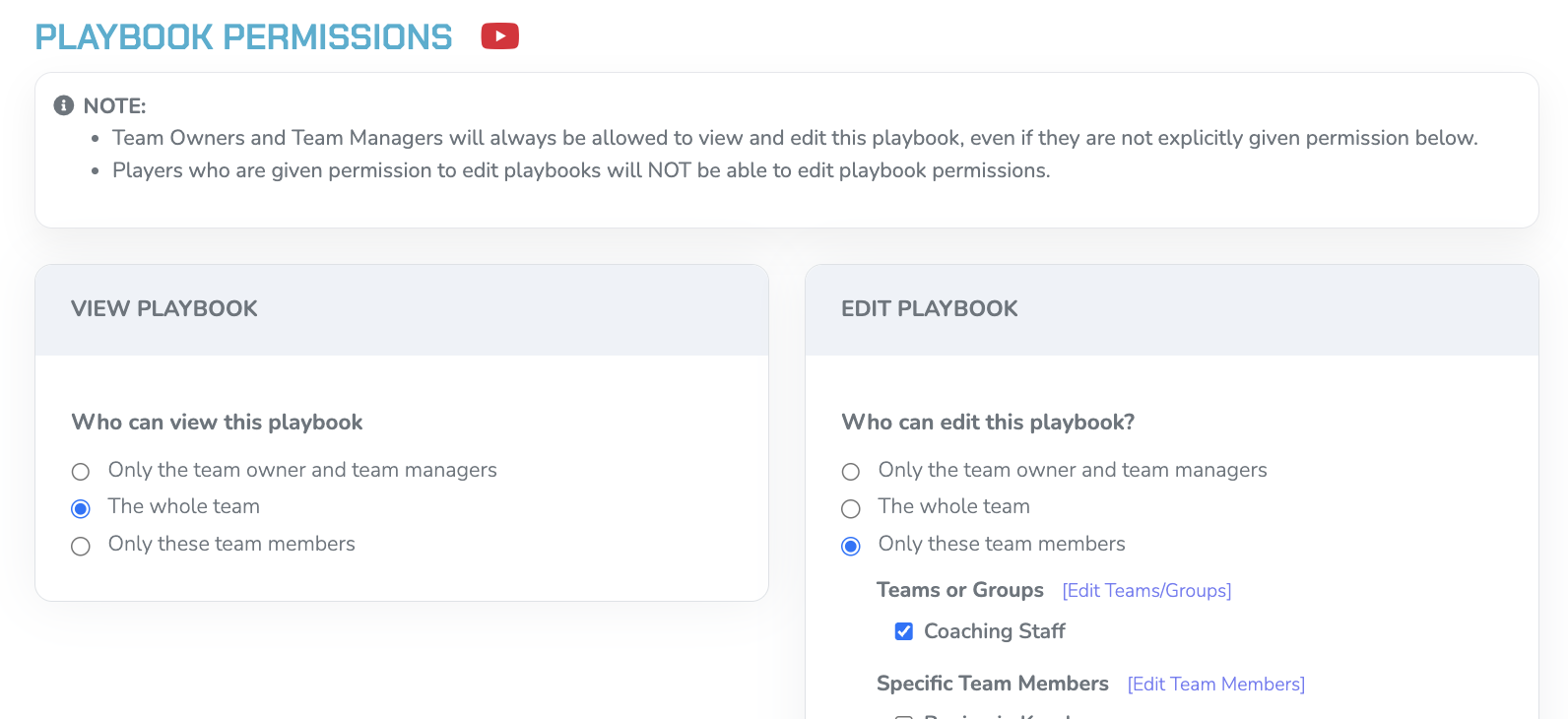 FastBreak PlayBook playbook permissions settings showing View Playbook and Edit Playbook options for the Coaching Staff group